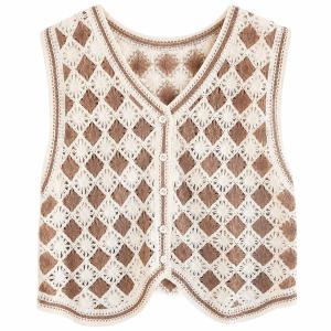 ニットベスト レディース ジレ かぎ針編み クロシェ 花柄刺繍 透かし編み Vネック 前開き ショート丈 こなれ感 レイヤード 重ね着