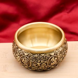 風水 置物 聚宝盆 真鍮 招財 財運アップ 商売繁盛 開運 玄関 インテリア 古銭紋様 口径10cm オブジェ 縁起物 お守り 厄除け