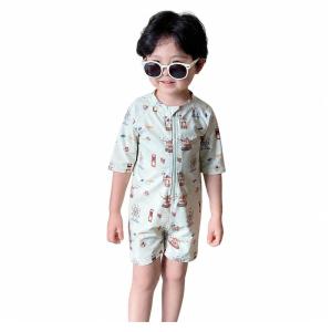 キッズ 水着 男の子 半袖 オールインワン フロントジップ 着脱簡単 ラッシュガード スイムキャップ付き 2点セット 子供 スイムウェア