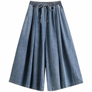 デニム ワイドパンツ レディース ガウチョパンツ スカーチョ ゆったり 七分丈 ウエストゴム ポケット付き スカート風 タック入り 薄手