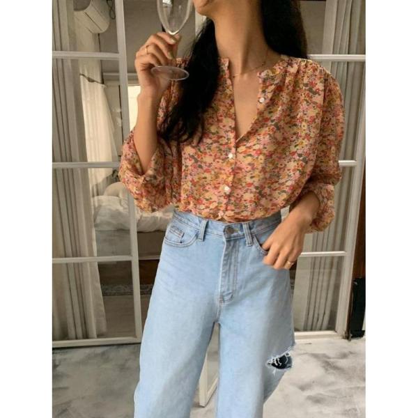 花柄シフォンブラウス レディース 長袖 バンドカラー シャツ とろみ シアー トップス 大人可愛い ...