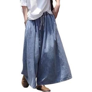 デニム ワイドパンツ レディース バルーンパンツ ガウチョパンツ ウエストゴム ジーパン ゆったり 体型カバー スカーチョ サルエル 薄手
