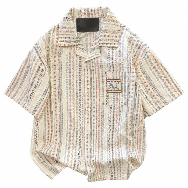 半袖シャツ メンズ オープンカラー シャツ ストライプ柄 レトロ カジュアル 夏服 ゆったり 大きい...