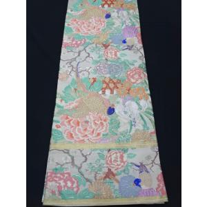 アンティーク丸帯　引き抜き　オウム　菖蒲　ユリ　小鳥　唐織