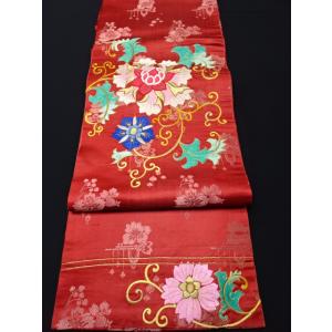 アンティーク丸帯　刺繍　花
