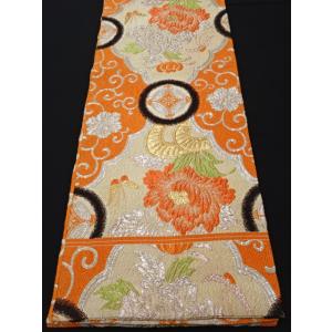 アンティーク丸帯　引き抜き柄　纐纈織　牡丹　蝶　唐草