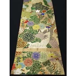 アンティーク丸帯　引き抜き柄　オウム　菊　桐