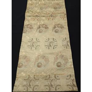 アンティーク丸帯　緞子地　唐草　鶴　菊