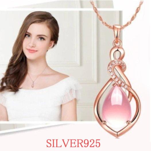 ネックレス レディース しずく 水滴 ピンク水晶 キュービックジルコニア ペンダント ステンレスチェ...