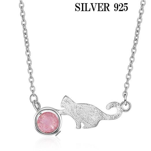 ネックレス ネコちゃん 草莓晶 猫 ネックレス 可愛い ねこ イチゴ晶 レディース あずきチェーン ...