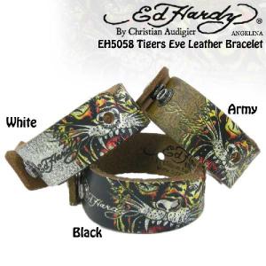 【男女兼用】エドハーディータイガータトゥーロゴ本革ブレスレット（Ed Hardy EH5058 Tigers Eye Leather Bracelet、黒、シルバー）｜angelina