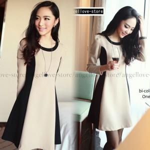 フレアワンピース バイカラー 切り替え 切替 ワンピース Aライン長袖  通勤 オフィス OL きれいめ