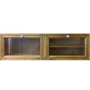 ハンドメイド　アンティーク調 木製卓上キャビネット 無垢材　アクリル扉 キャビネット 上から開く扉 80x27x26cm アンティークブラウン 横型