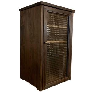 浜本工芸 木製ブラウンキャビネット ガラス扉付き キャビネット 上から開く扉 80x27x26cm アンティークブラウン 横型