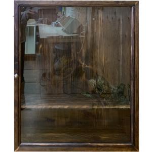 ガラスケース 透明ガラス ダークブラウン 50×13×60cm 可動棚 真鍮取っ手 木製 ひのき ハンドメイド 受注製作