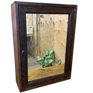 ミラーキャビネット ダークブラウン 45×15×60cm アイアンつまみ 全面ミラー扉 背板有 木製 ひのき ハンドメイド 受注製作