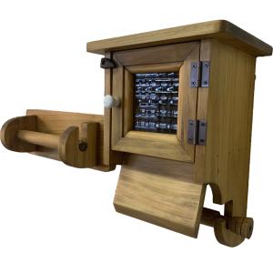 トイレットペーパーホルダー＆タオルハンガーセット チェッカーガラス扉 押さえカバー付き アンティークブラウン 木製 ヒノキ ハンドメイド 受注製作