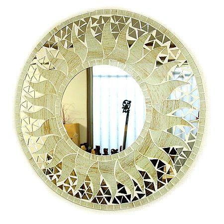 壁掛け 鏡 丸型 モザイクミラー モザイクガラス 鏡 直径40cm オフホワイト ラメ 太陽 アジア...