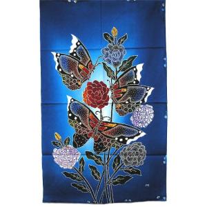 現代アートバティック　縦 S　『花と3羽の蝶々』　ブルー [45ｘ75cm] アジアン雑貨　バリ雑貨　｜angkasa