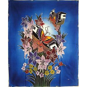 現代アートバティック　縦　Ｍ　花と２羽の蝶々　ブルー　アジアン雑貨 バリ雑貨 　バティック布　エスニック　｜angkasa