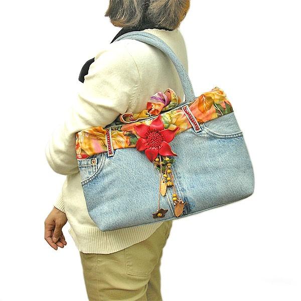 【現品限り】デニムのハンドバッグ ショルダーバッグ 布製 おしゃれな エスニック アジアン雑貨 バリ...