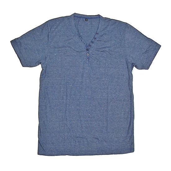 レディース ボタン付きTシャツ 半袖 Lサイズ ブルー [着丈70〜75cm]　アジアンファッション...