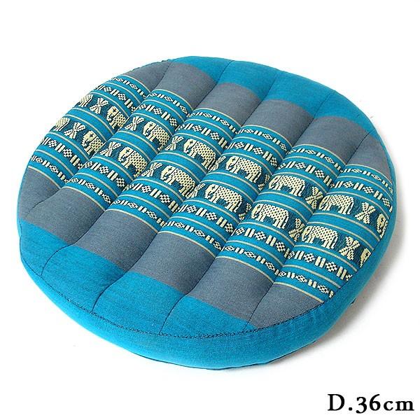タイの 座布団 丸形 円形 直径約36cm 象さん柄 ライトブルー系 アジアン 硬め 低反発 厚手 ...