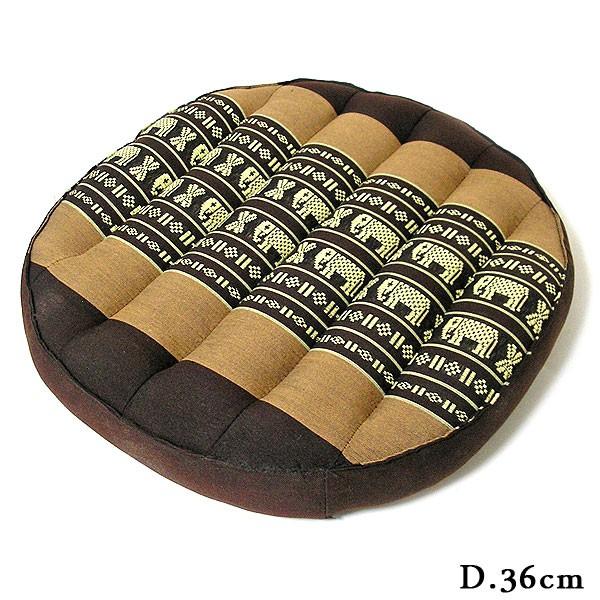 タイの 座布団 丸形 円形 直径約36cm 象さん柄 ブラウン系 アジアン 硬め 低反発 厚手 フロ...