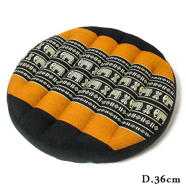 タイの 座布団 丸形 円形 直径約36cm 象さん柄 黒ｘオレンジ系 アジアン 硬め 低反発 厚手 ...
