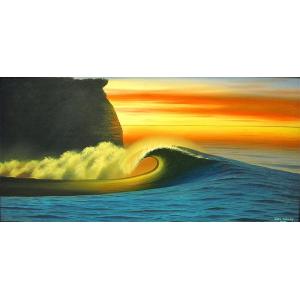 バリアート絵画　LL　横　『Big Wave in Sunset』　Windy　Special Order作品　[額横約94cmｘ縦54cm]　アジアン雑貨　バリ雑貨　｜angkasa