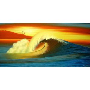 バリアート絵画　LL　横　『Big Wave in Sunset』　Windy　Special Order作品　[額横約94cmｘ縦54cm] エスニック アジアン インテリア アジアン雑貨｜angkasa