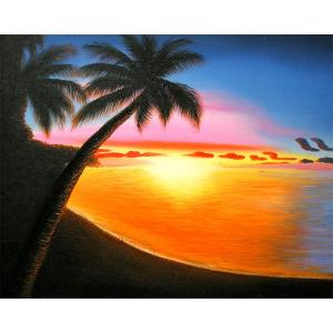 海の絵 海とヤシの木 サンセット ビーチ W50×H30cm 夕日 絵画 波の絵