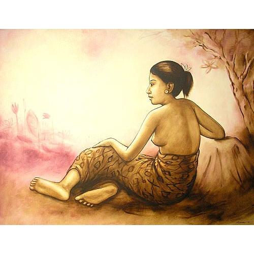 アウトレット　バリ アート 絵画 特大 横 木陰で休むバリの女性 人物画 インテリア 現代アート　ア...