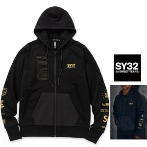 SY32 パーカー フルジップ 黒 ロゴ XL Hoodie スウェット パーカー メンズ フルジップ フーディ SY32 by SWEET YEARS