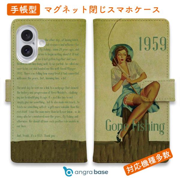 スマホケース 手帳型 Gone Fishing ビンテージ 釣り ルアー 魚 ブラックバス iPho...