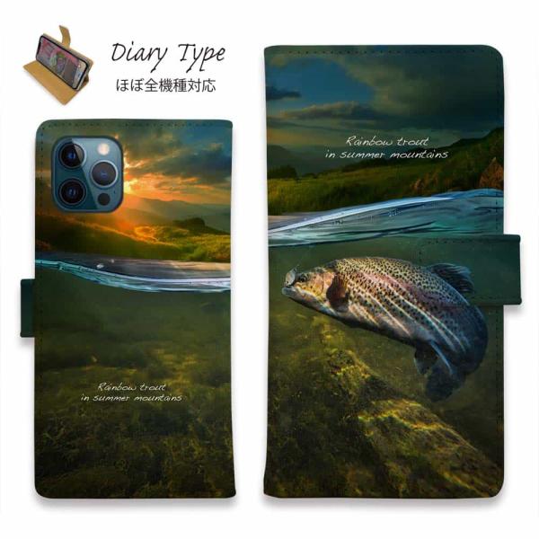 スマホケース 手帳型 夏山のニジマス 魚 釣り ルアー スタンド iPhone15 Pro Max ...