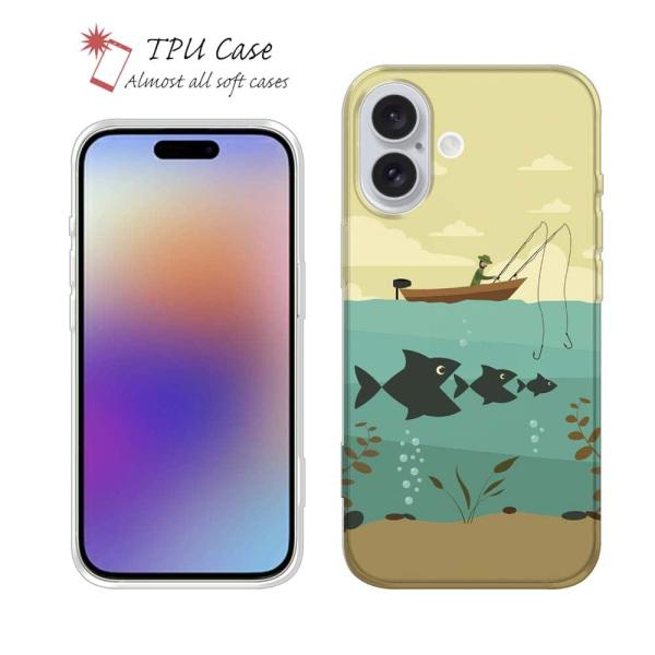 スマホケース ソフトケース TPU Fishing on the boat イラスト 魚 釣り ルア...