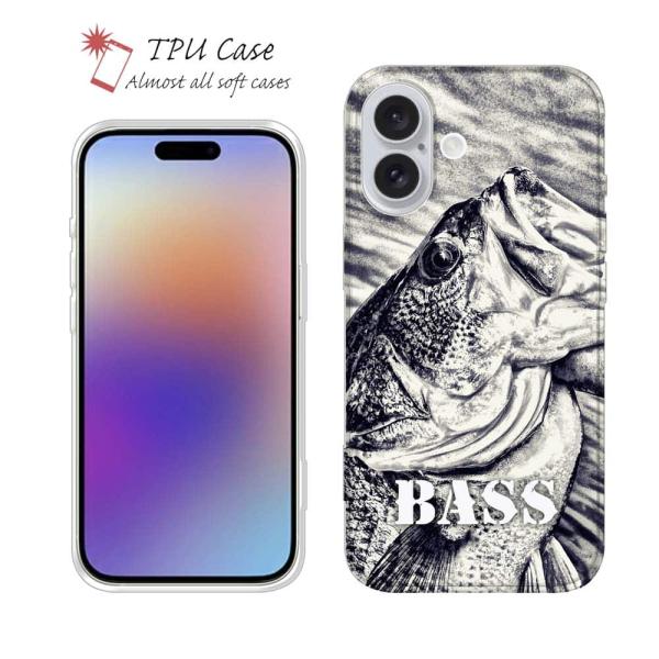 スマホケース ソフトケース TPU ブラックバス ハンドランディング モノトーン 釣り iPhone...