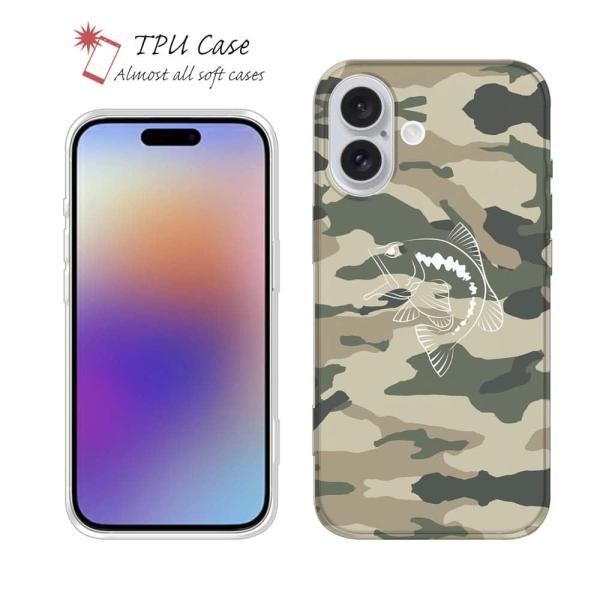 スマホケース ソフトケース TPU 迷彩&amp;ブラックバスのイラスト パート2 魚 釣り iPhone1...