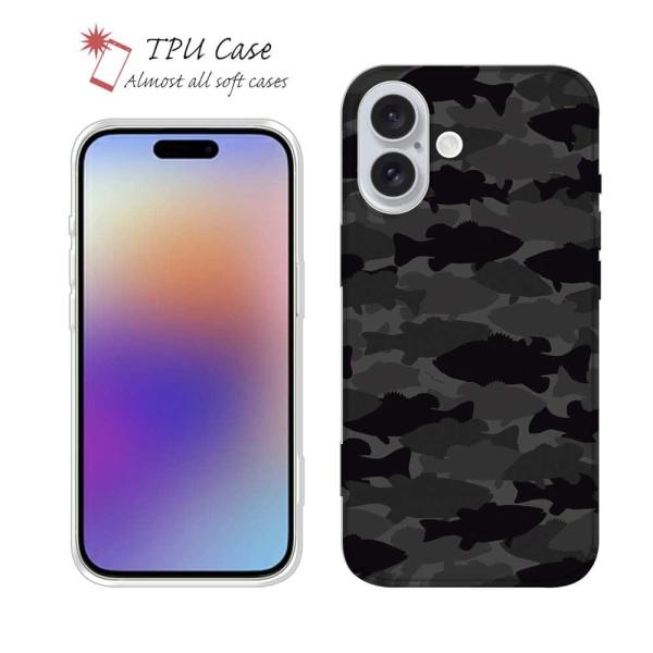 スマホケース ソフトケース TPU ブラックバス 迷彩大柄 ビターブラック 魚 釣り iPhone1...