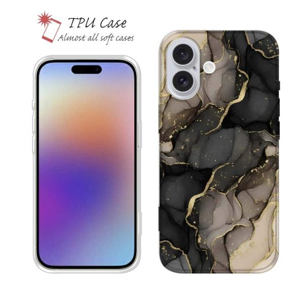 ソフトケース 花柄 スマホケース TPU くすみカラーマーブル調 ブラック＆ゴールド iPhone1...