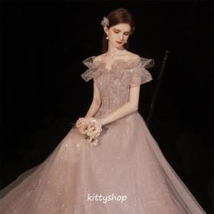 イブニングドレス オフショルダー キラキラ キレイめ ロングドレス ピンク ボートーネック フリル 結婚式ドレス 二次会ドレス Aライン｜angstore