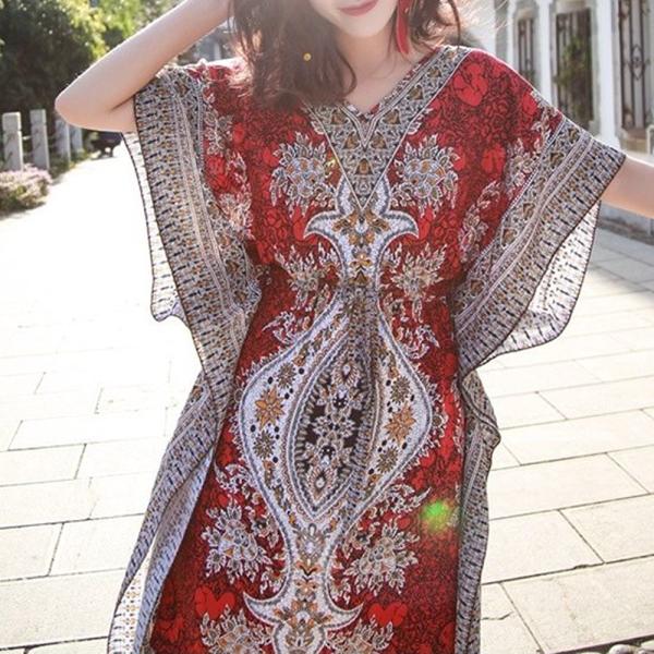 【送料無料】20%off レトロ風 ボヘミアン Ｖネック エスニック ロング ワンピース リゾート ...