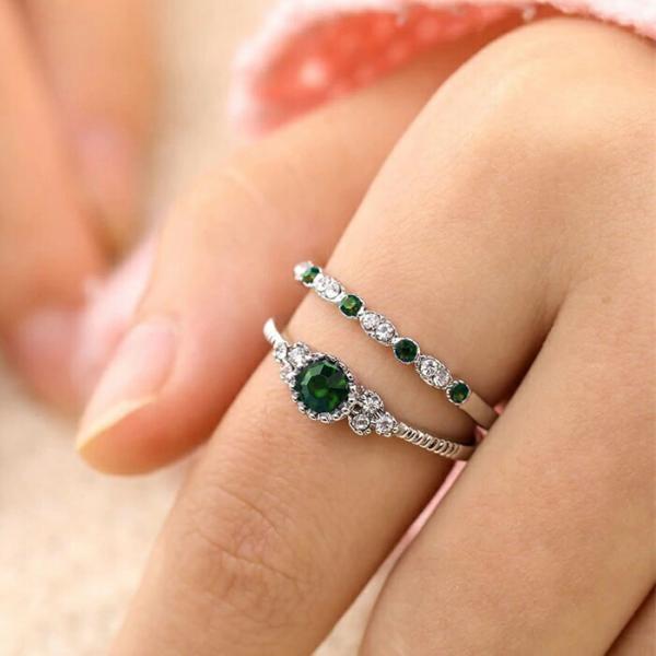 【送料無料】指輪　ストーン　2点　セット　重ね付け　おしゃれ　エレガント　グリーン　ブルー　サファイ...