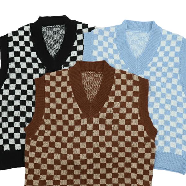 【送料無料】40%off 格子 チェッカーフラッグ ニット ニットベスト セーター ブロックチェック...