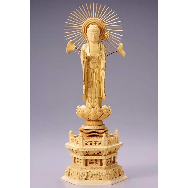 仏像 東立弥陀 阿弥陀如来 桧 ヒノキ 白木 六角座 4寸 爆買