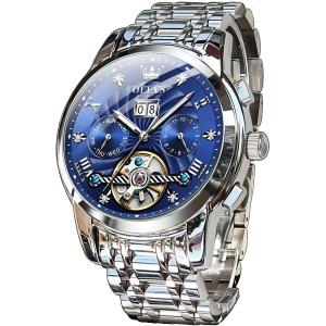 OLEVS 腕時計 メンズ 人気 青 自動巻き とけい腕時計 スケルトン かっこいい おしゃれ うで時計 防水 カレンダー 日付 夜光 ブルー
