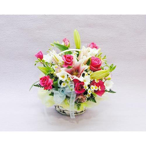 バラ ばら 誕生日の花 ピンク ユリ アレンジ 女性 バースデー　ゆり ギフト プレゼント 贈り物 ...