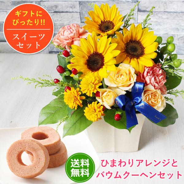お祝い 誕生日 父の日 ひまわり アレンジメント バウムクーヘン セット 花とスイーツ ギフト 向日...