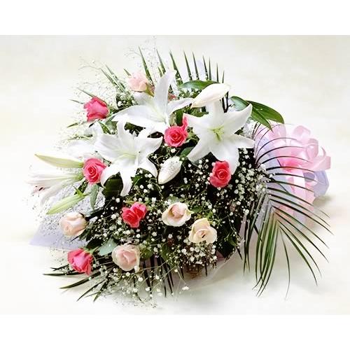 ピンクのバラとユリの花束　バラ　ブーケ誕生日の花 翌日配達 ギフト プレゼント お祝い 贈り物 バレ...